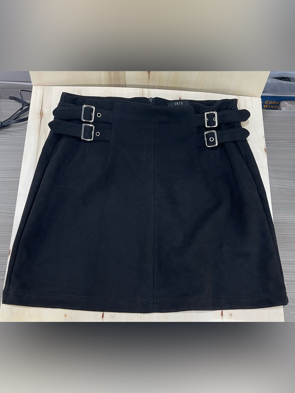 iris Black Mini Skirt with Double Buckle Waist Detail